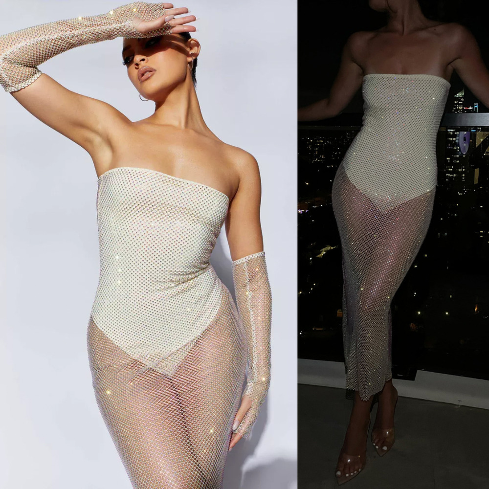 MESHKI Strapless Rhinestone Mesh Dress with Gloves M/L